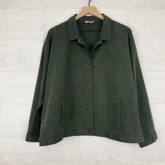 Eileen Fisher‎ Organic Cotton Hemp Jacket XL Green Utility Pockets Boxy Casual